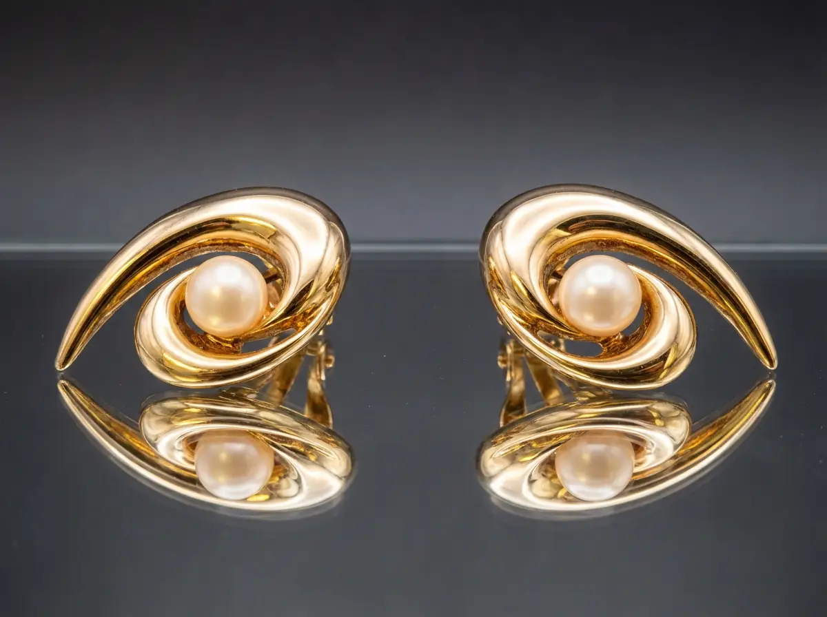 Paar goldene Ohrringe in geschwungener Spiralform mit zentraler Perle auf spiegelndem Untergrund