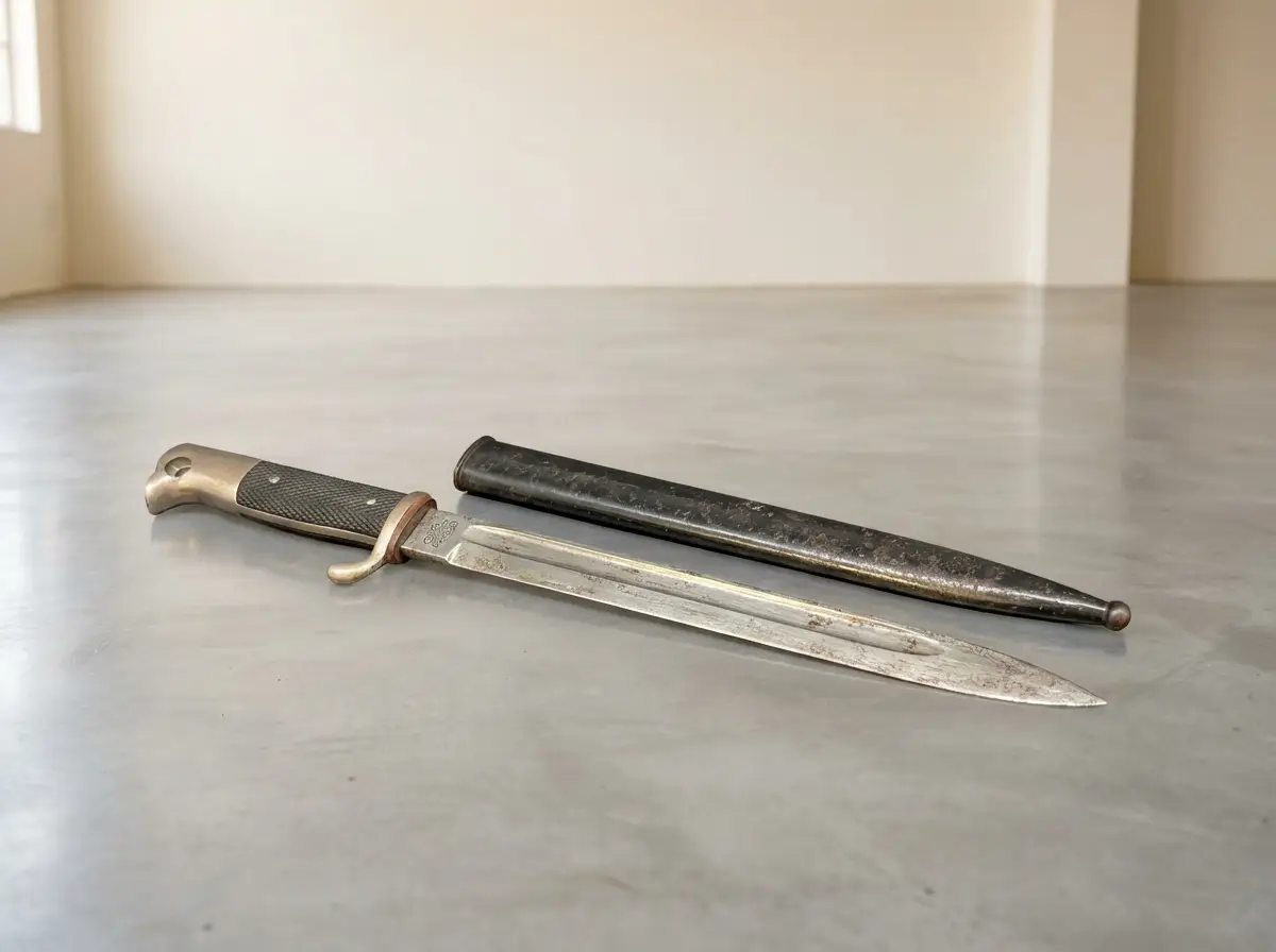 Antikes Bajonett mit schwarzem Griff und dazugehöriger Metallscheide, die nebeneinander auf einem grauen Boden liegen