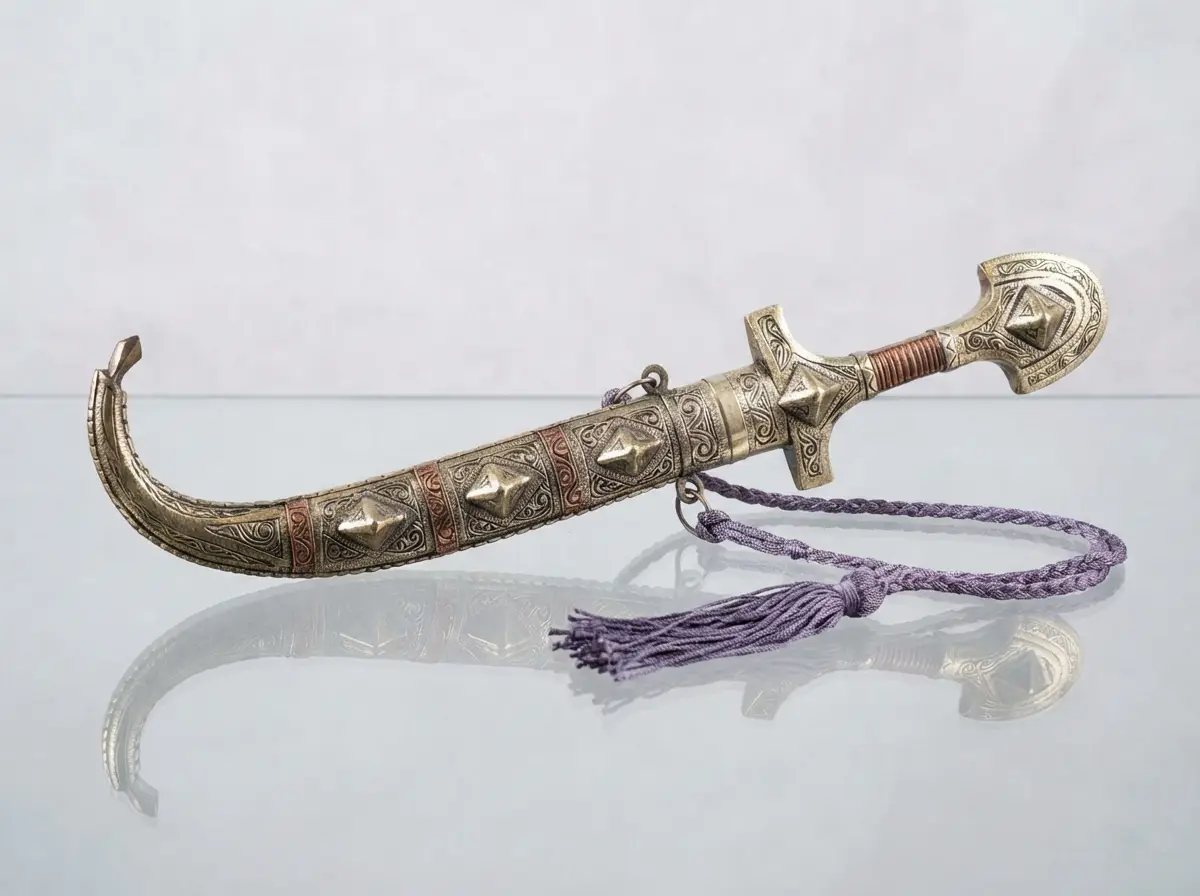 Reich verzierter omanischer Khanjar-Krummdolch aus Silber mit filigranen Mustern und violetter Kordel auf spiegelndem Untergrund