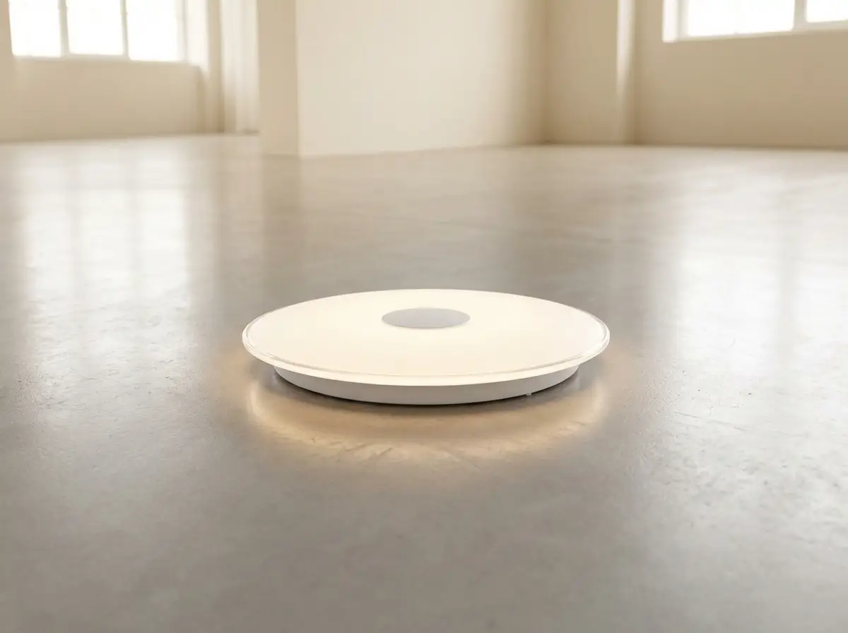 Moderne runde LED-Deckenleuchte in Weiß, die auf einem grauen Betonboden liegt und warmes indirektes Licht ausstrahlt