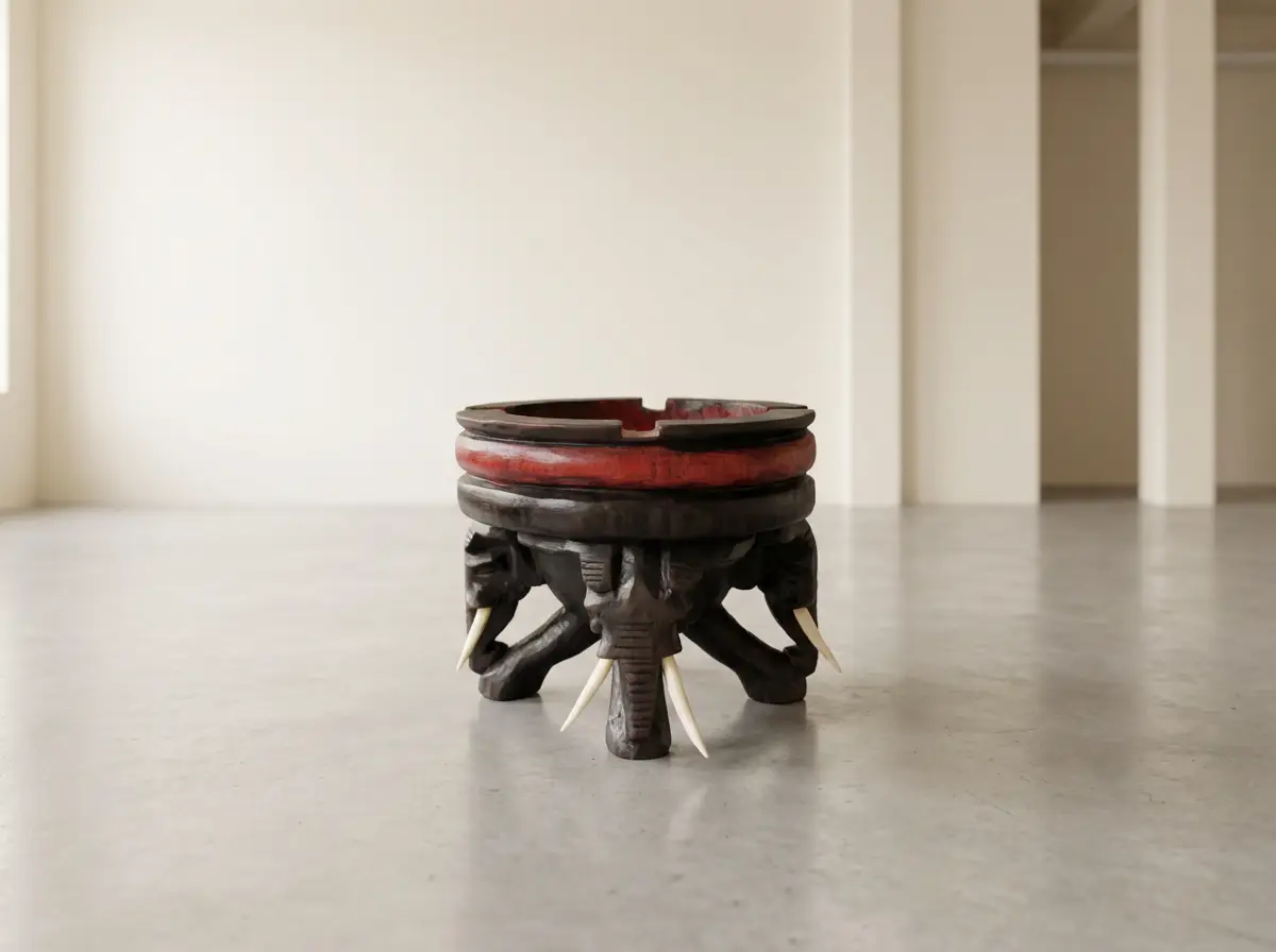 Dunkler Holzständer mit drei geschnitzten Elefantenköpfen als Beine, weißen Stoßzähnen und rotem Ring auf grauem Boden