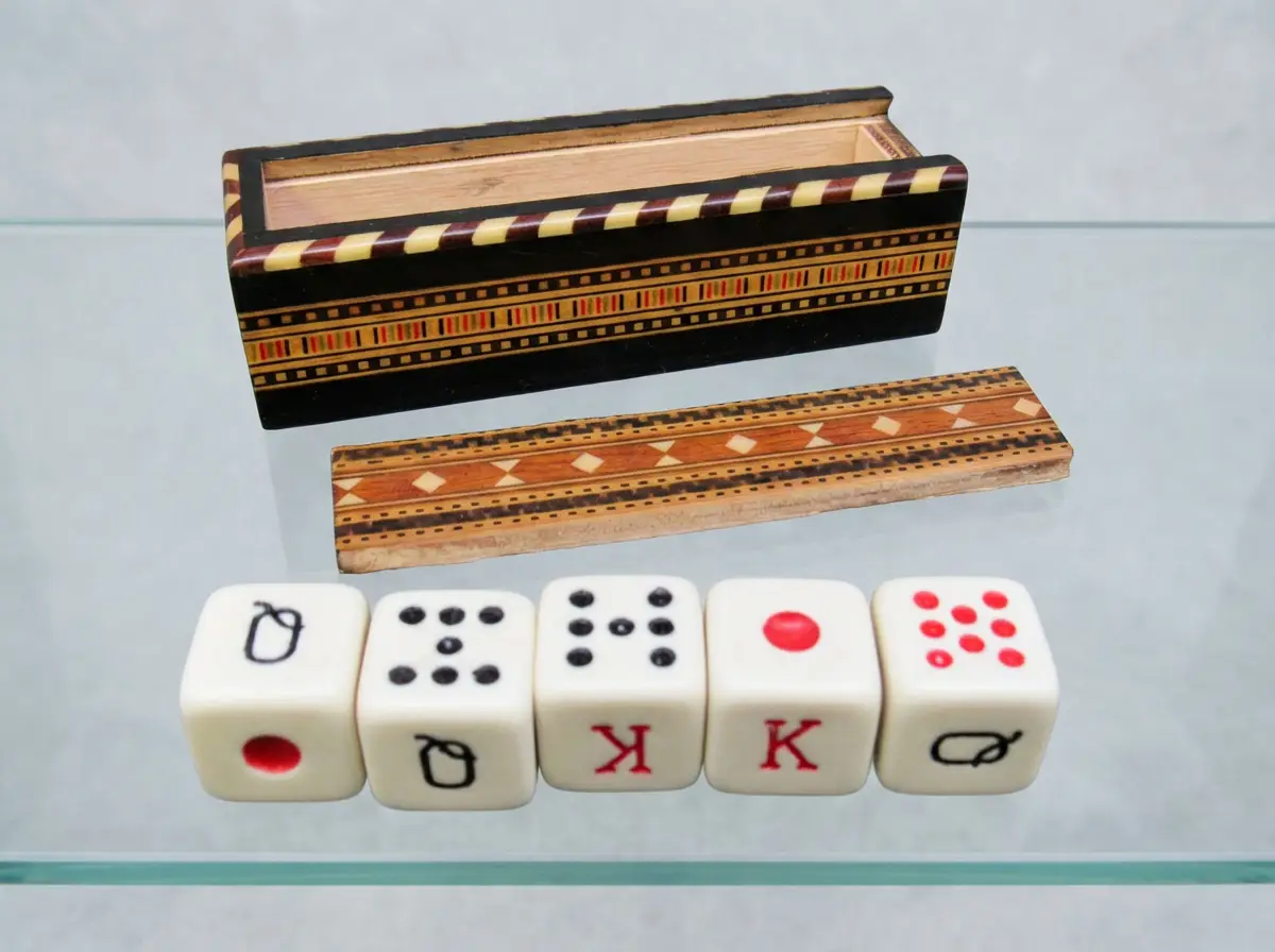 Geöffnete kleine Holzschatulle mit feinen Intarsienmustern und fünf davor liegende Pokerwürfel mit Spielkartensymbolen wie König, Dame und Ass auf einer Glasplatte