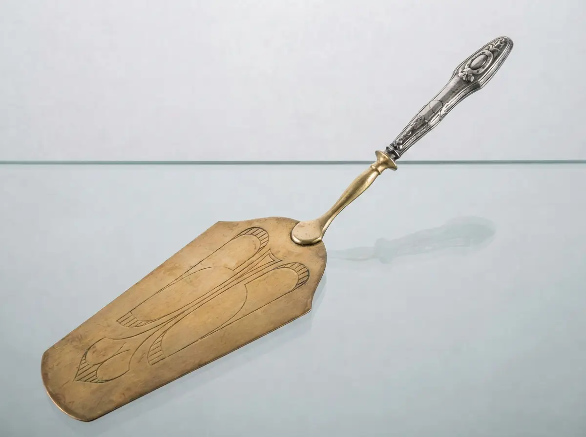 Antiker Tortenheber mit gravierter Messing-Schaufel und verziertem Silbergriff auf einer Glasfläche liegend