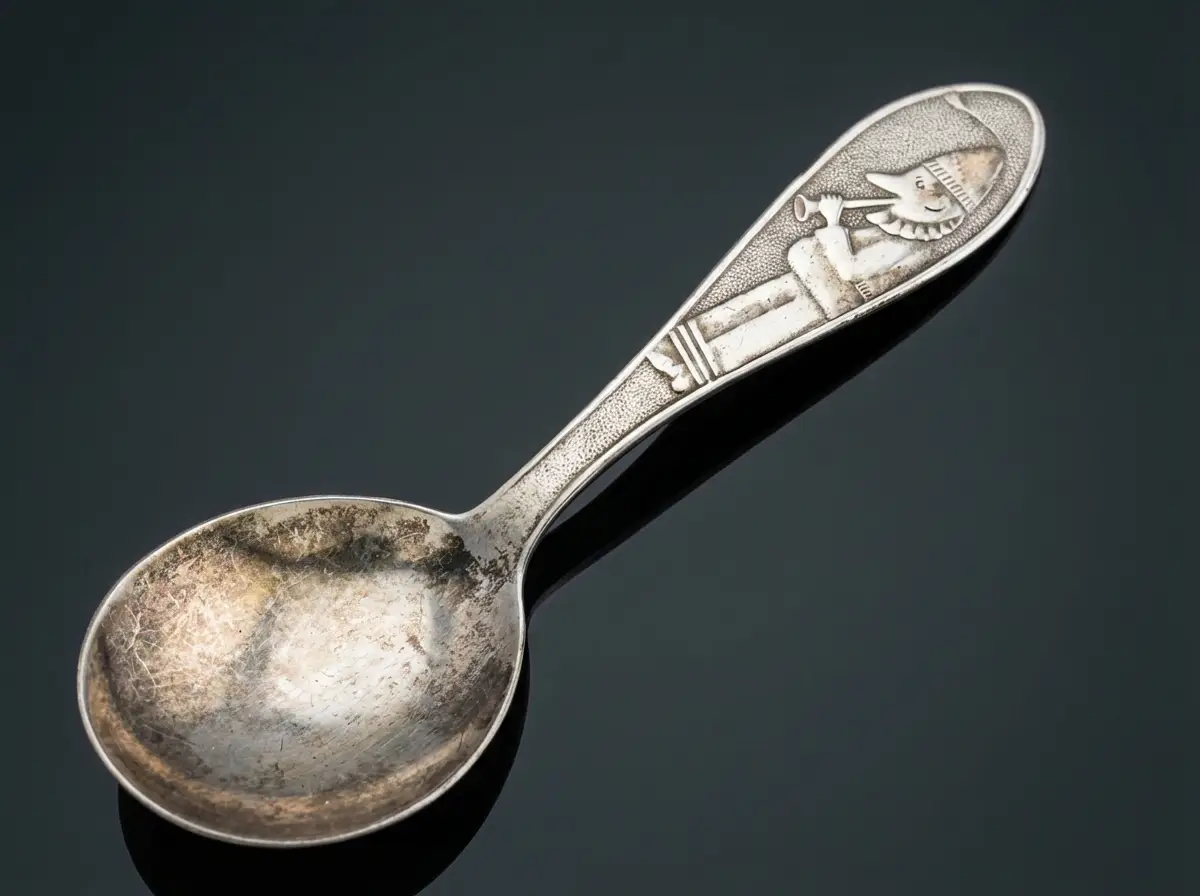 Silberner Kinderlöffel mit reliefartigem Motiv eines trompetespielenden Clowns am Griff und sichtbarer Patina auf schwarzem Hintergrund