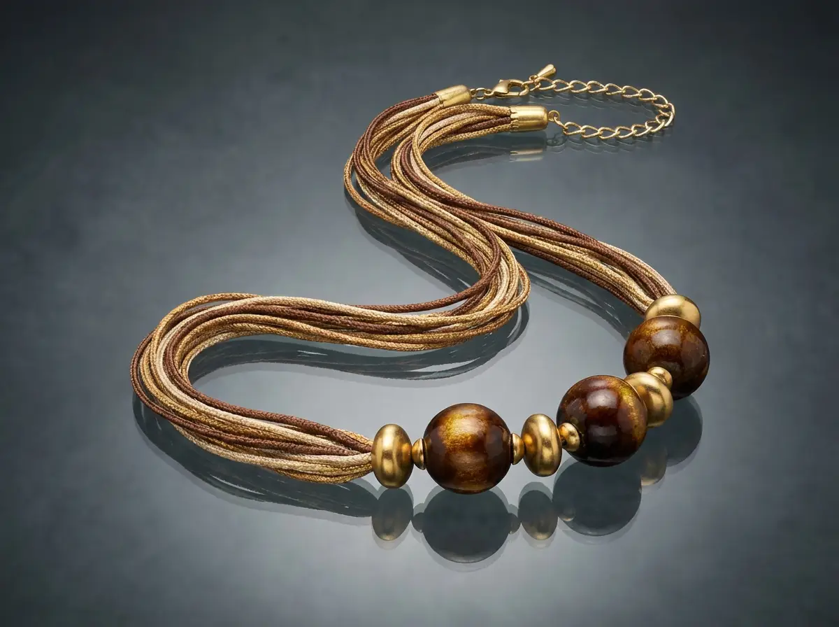 Mehrreihige Textilkette in Braun und Beige mit großen, glänzenden Perlen und goldenen Zwischenelementen auf reflektierendem Hintergrund