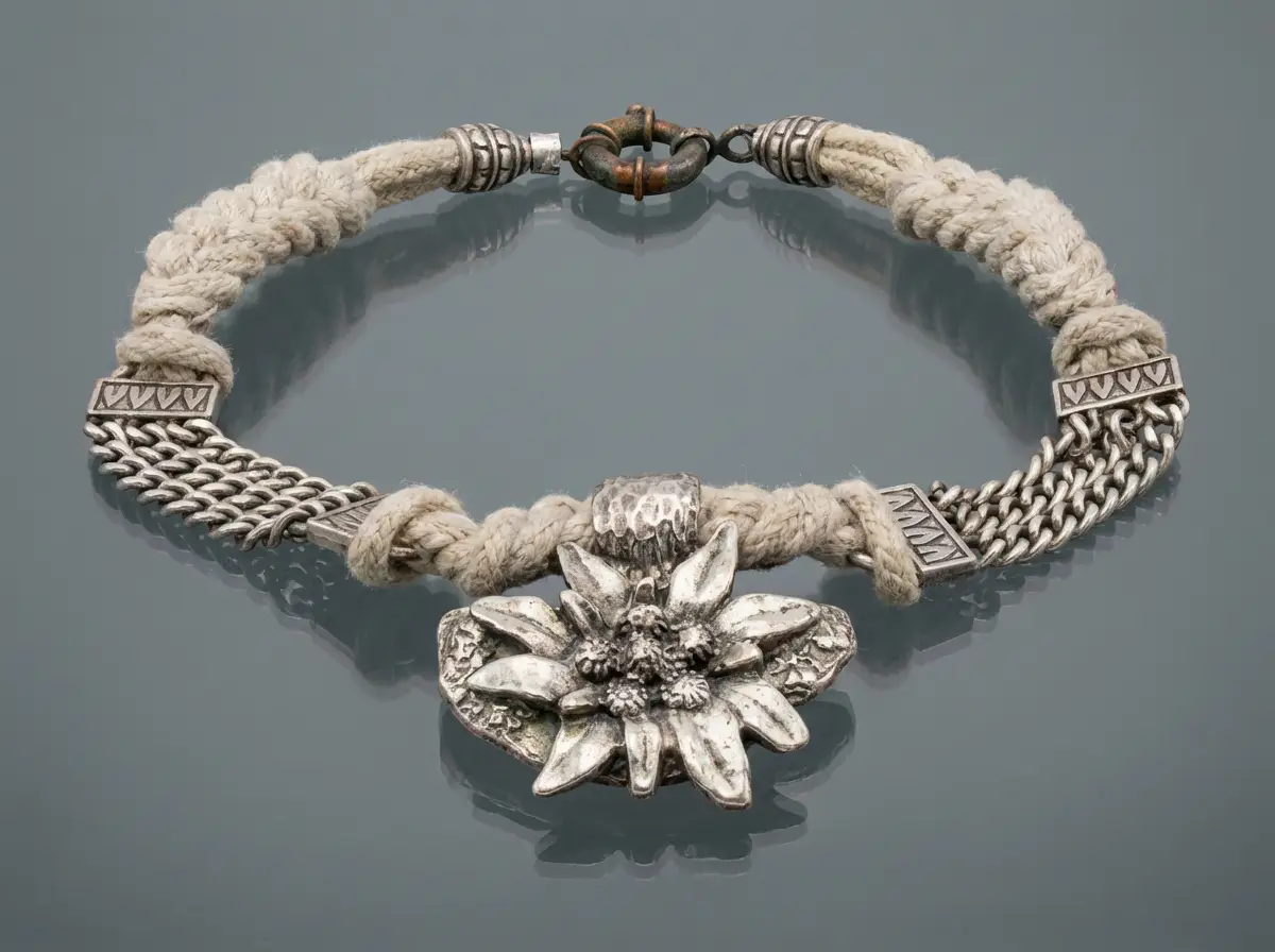 Kropfkette im Trachtenstil mit einem großen Edelweiß-Anhänger aus Silber, kombiniert mit beiger Kordel und silbernen Kettengliedern auf spiegelndem grauem Grund.
