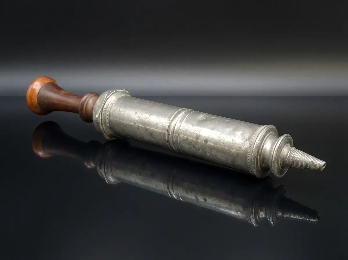 Antike Klistierspritze aus Zinn mit gedrechseltem Holzgriff auf schwarzem, reflektierendem Untergrund