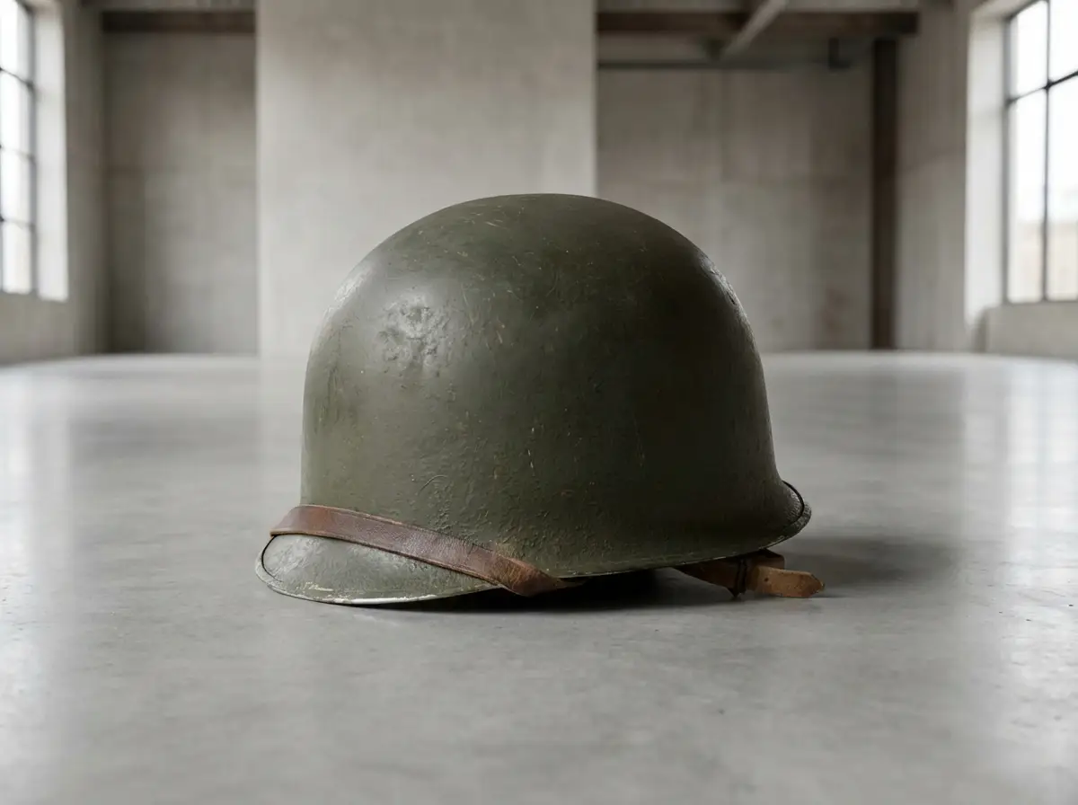 Nahaufnahme eines olivgrünen, gebrauchten Militär-Stahlhelms mit Lederriemen, der auf einem glatten Betonboden in einer leeren Industriehalle liegt.
