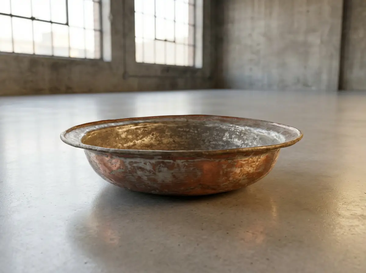 Eine rustikale, gehämmerte Kupferschale steht auf einem glatten Betonboden in einem leeren Raum im Industrial-Style mit großen Fenstern im Hintergrund.