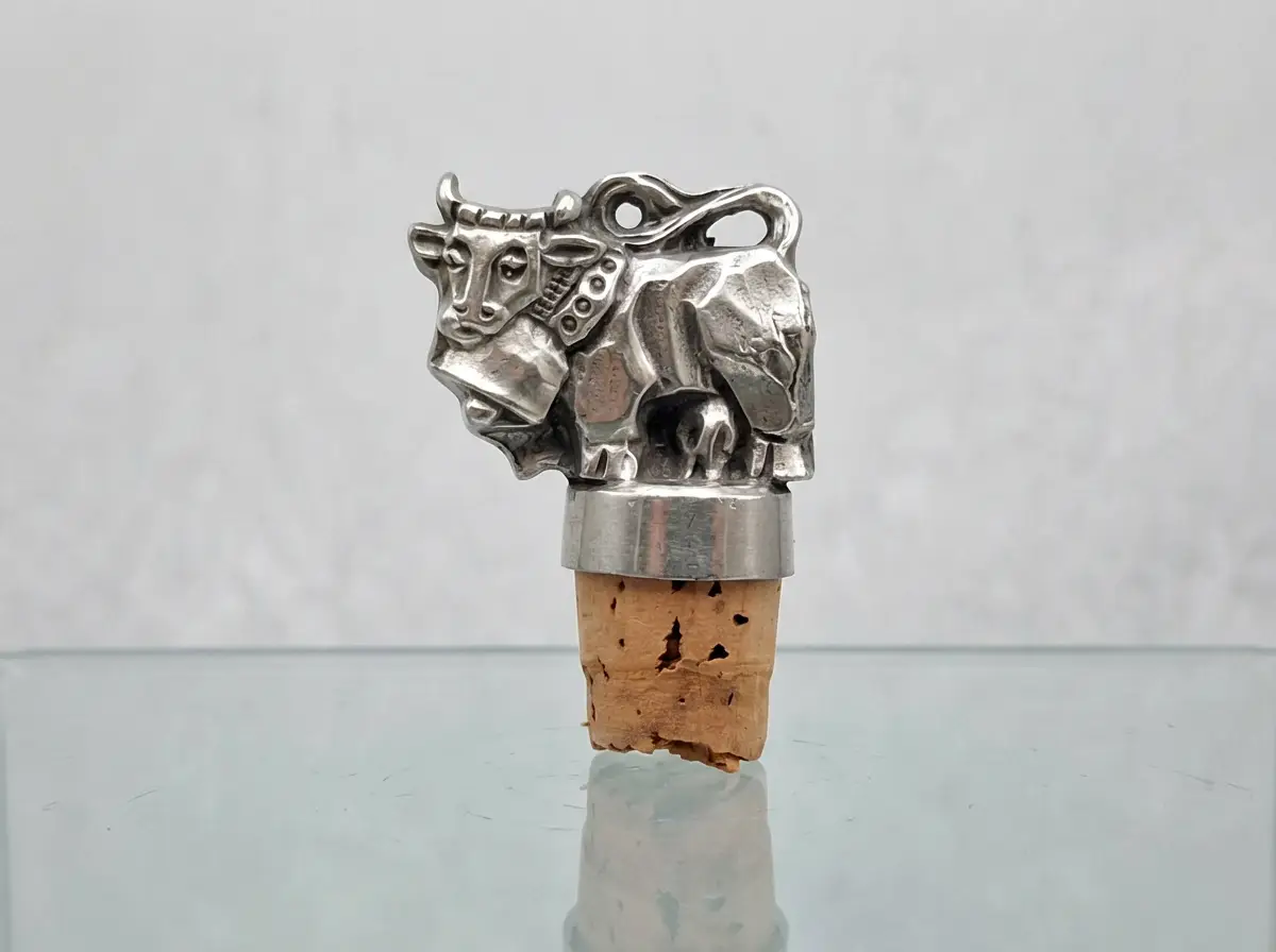 Silberner Flaschenverschluss mit einer detaillierten Stierfigur auf einem Korken vor hellem Hintergrund