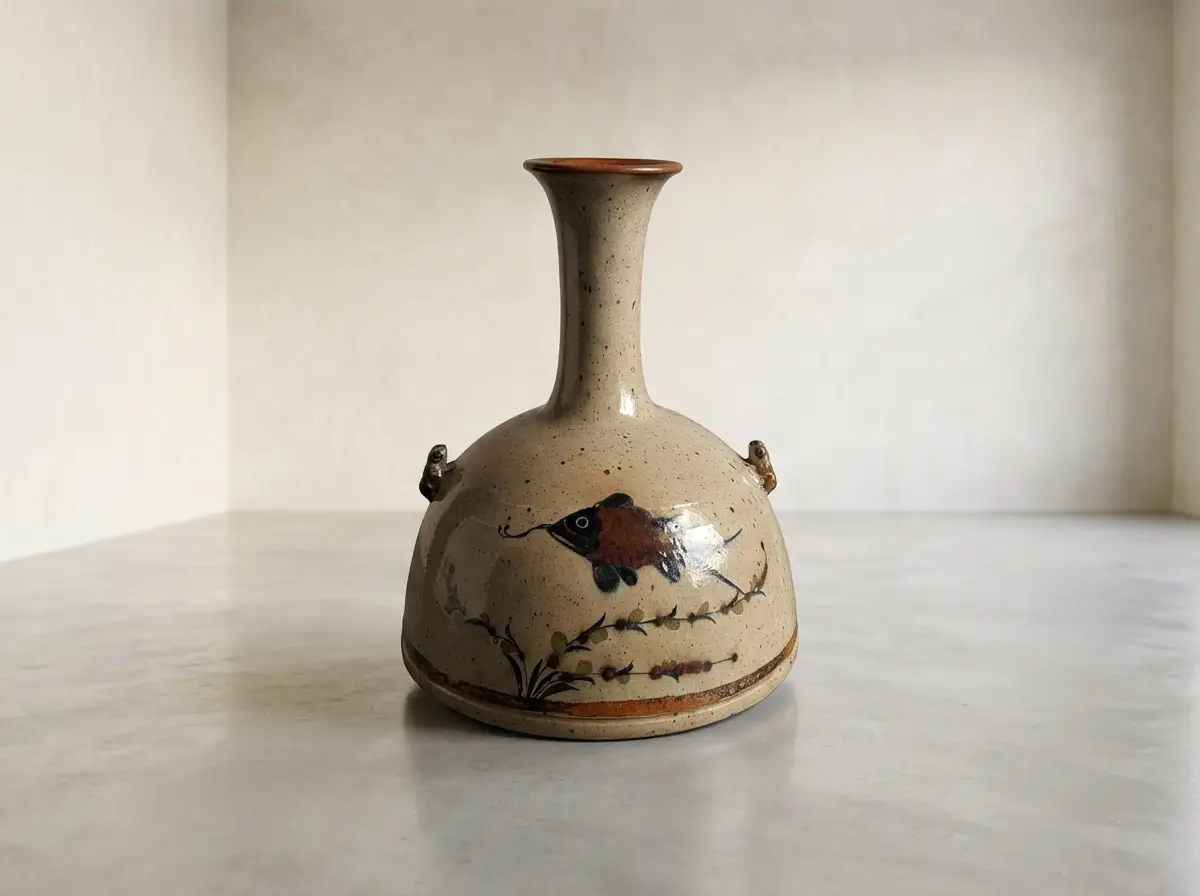 Bauchige Keramikvase mit langem Hals und gesprenkelter beiger Glasur, verziert mit einem handgemalten dunklen Fisch und Wasserpflanzen