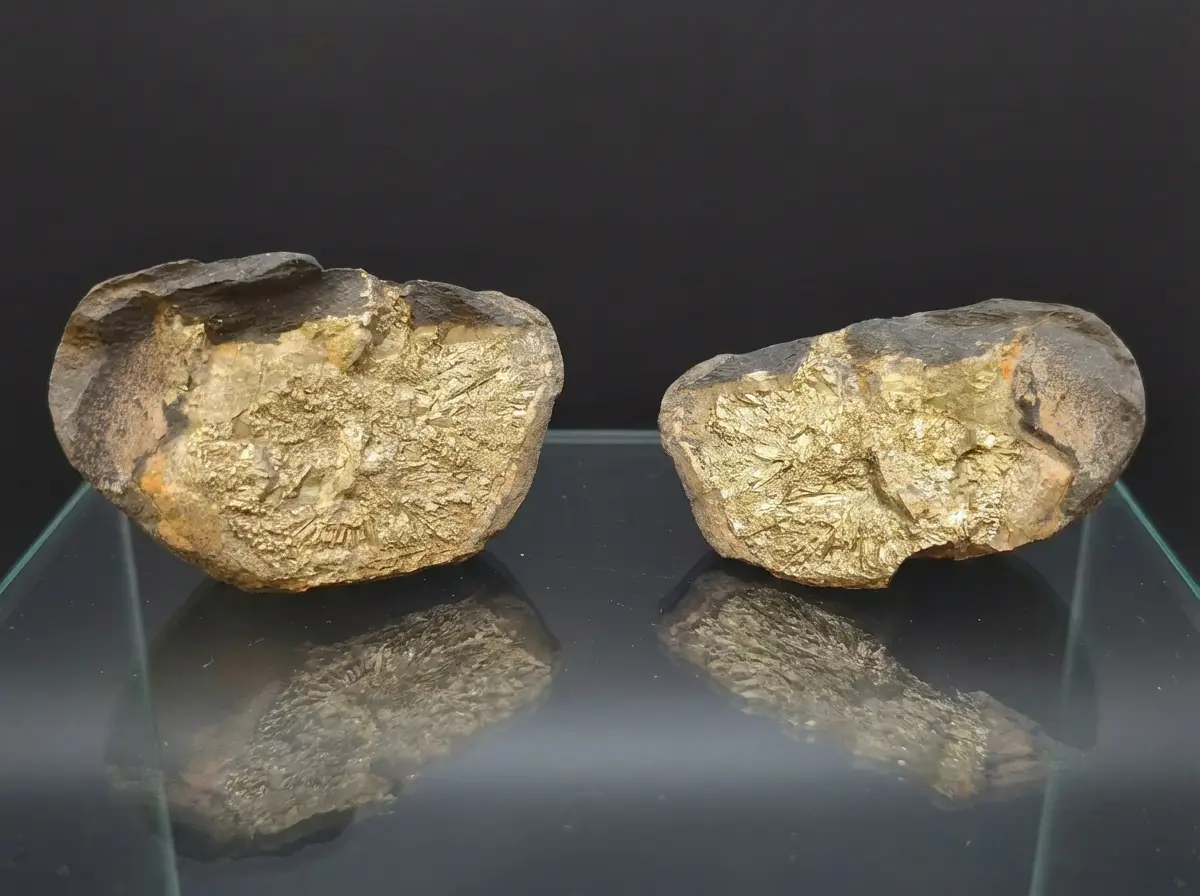 Zwei Hälften einer aufgebrochenen Mineralknolle mit glänzendem, goldfarbenem Pyrit-Kern und strahlenförmiger Struktur auf einer reflektierenden Glasplatte vor schwarzem Hintergrund