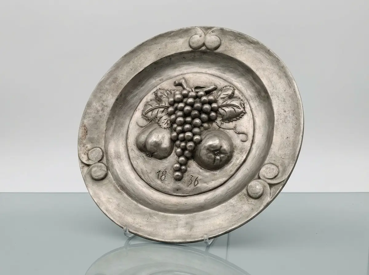 Antiker Zinnteller mit Reliefverzierung von Weintrauben, Früchten und der Jahreszahl 1836 auf einem transparenten Ständer