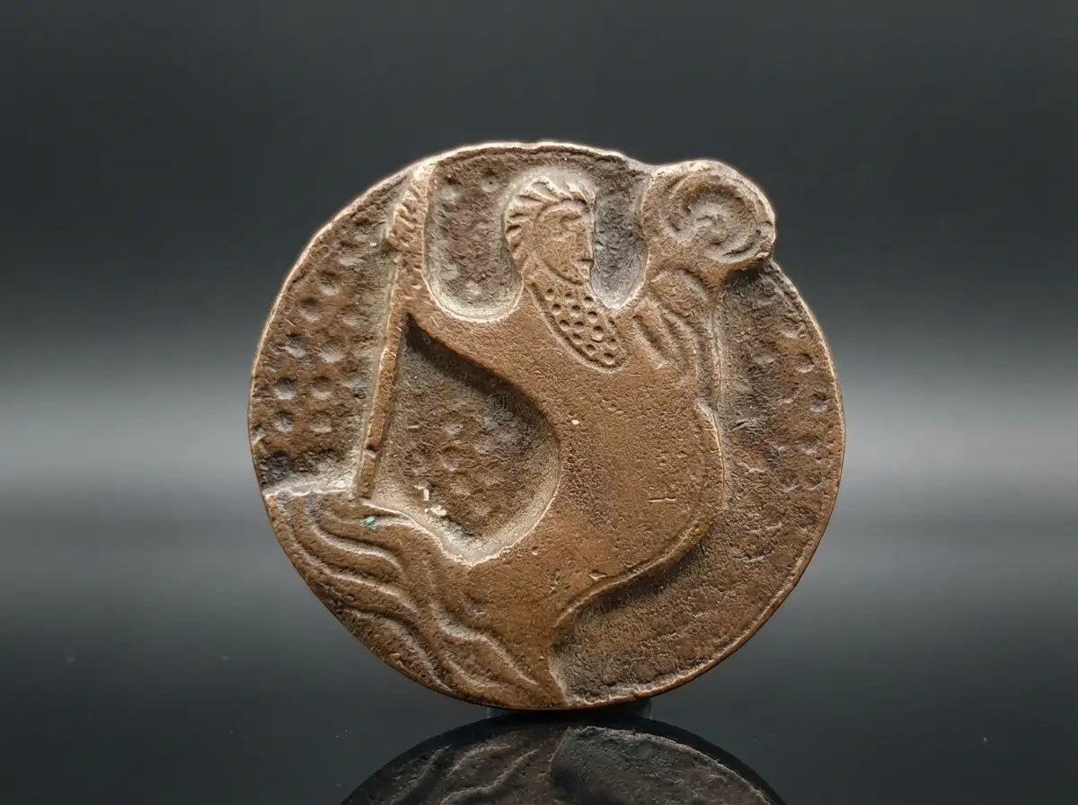 Nahaufnahme einer runden, bronzefarbenen Medaille oder Münze mit einem Relief, das einen bärtigen Meeresgott mit Fischschwanz zeigt, der einen Stab hält