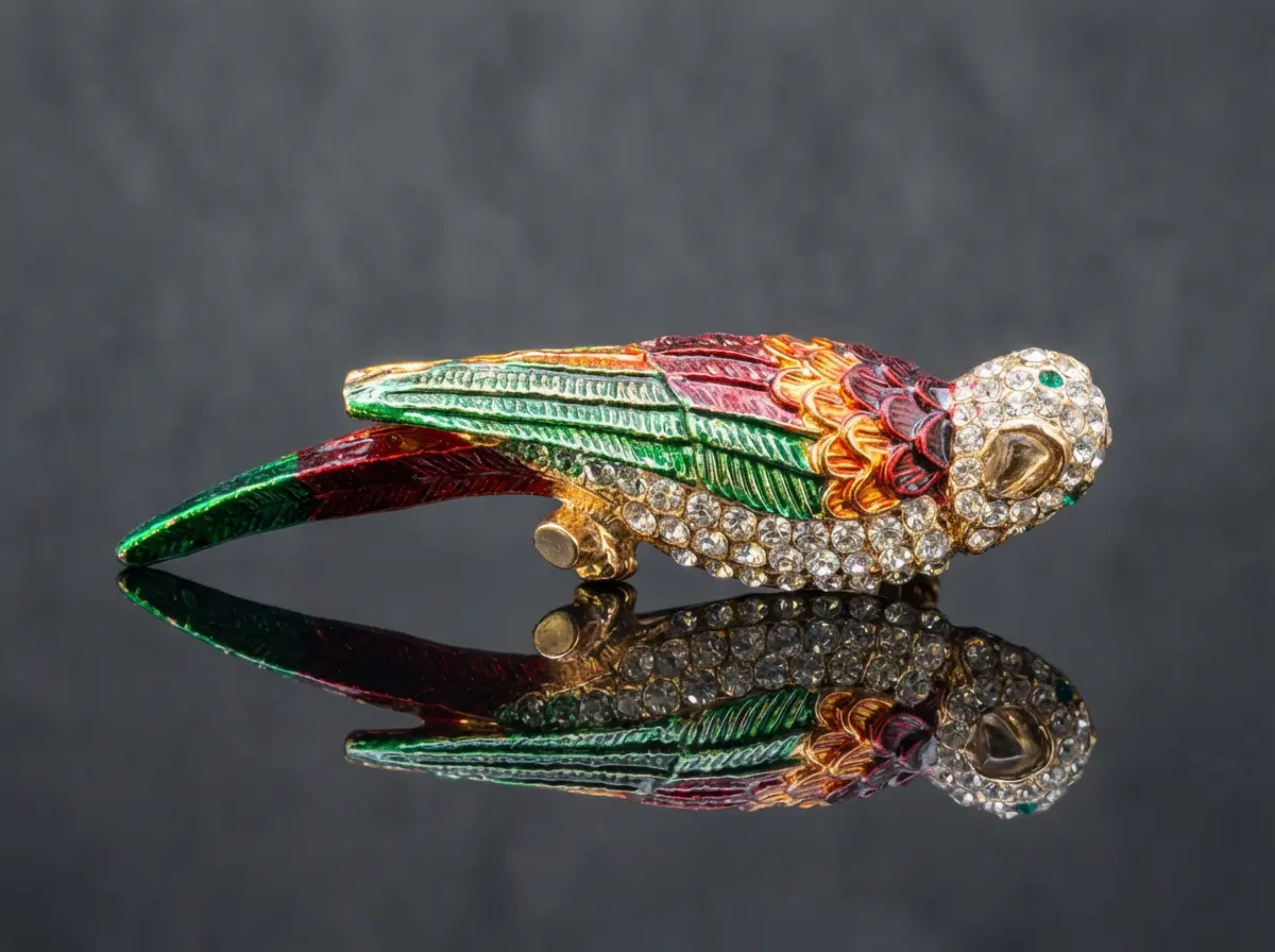 XL Broche Perroquet Polychrome Strass Aspect Émail Exotique Vintage 