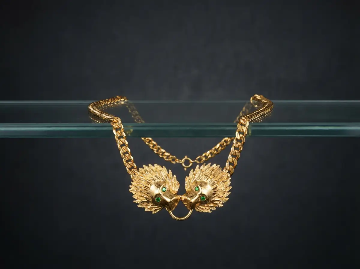 Goldene Panzerkette auf Glasablage mit zwei detaillierten Löwenköpfen als Mittelstück, die grüne Edelstein-Augen haben und einen Ring im Maul halten
