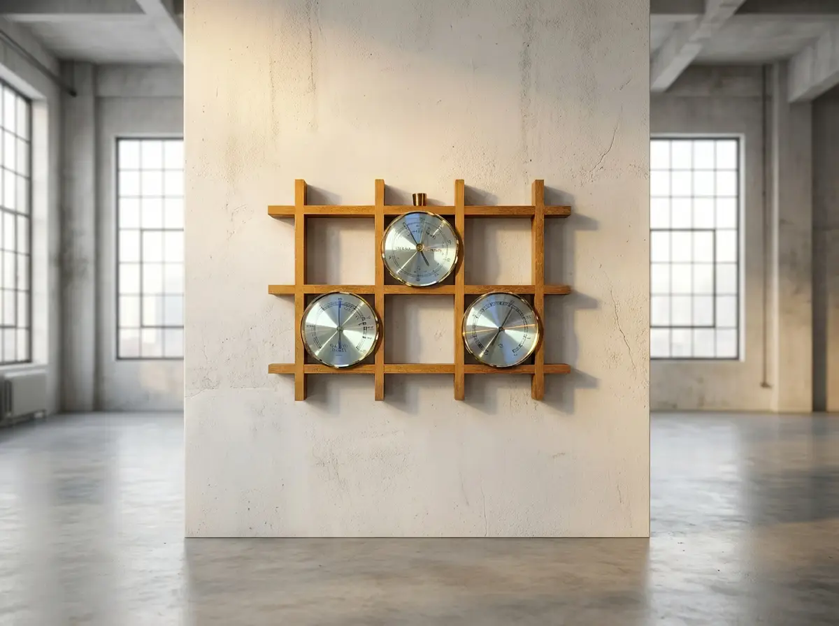 Analoge Wetterstation mit Thermometer, Barometer und Hygrometer in einem quadratischen Holzgitterrahmen an einer Wand im Industrial-Loft