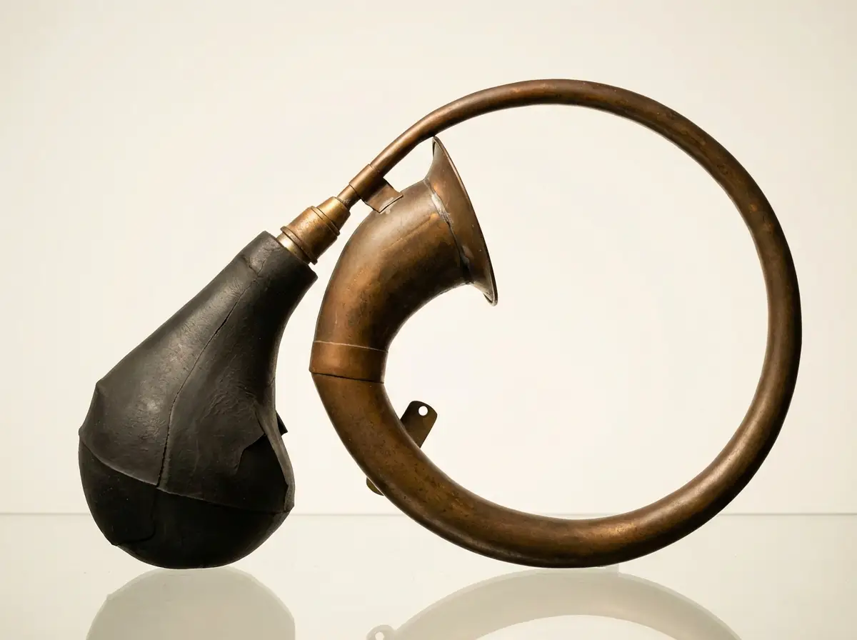Antike Ballhupe mit schwarzem Gummibalg und kreisförmig gebogenem Messingrohr vor hellem Hintergrund