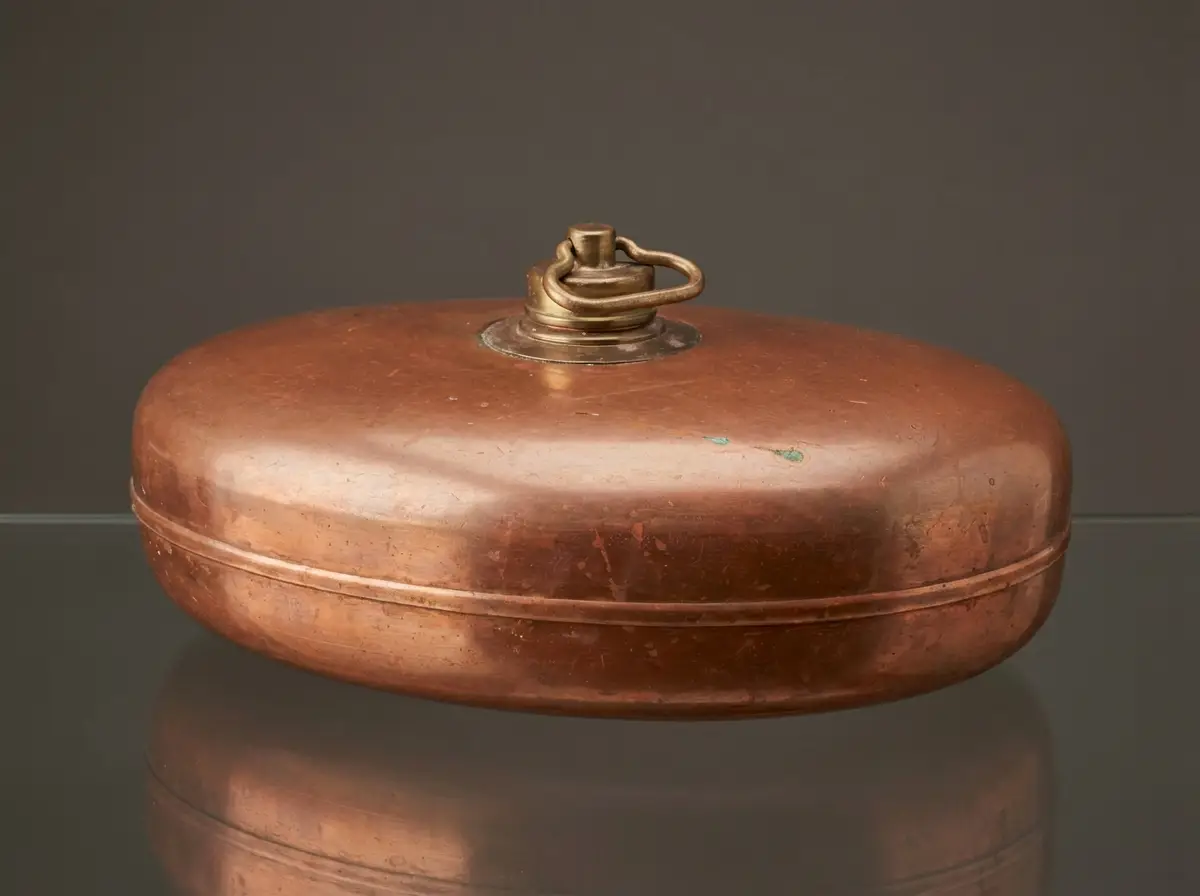 Antik koppar värmeflaska sängflaska mässingskork ca 1900 