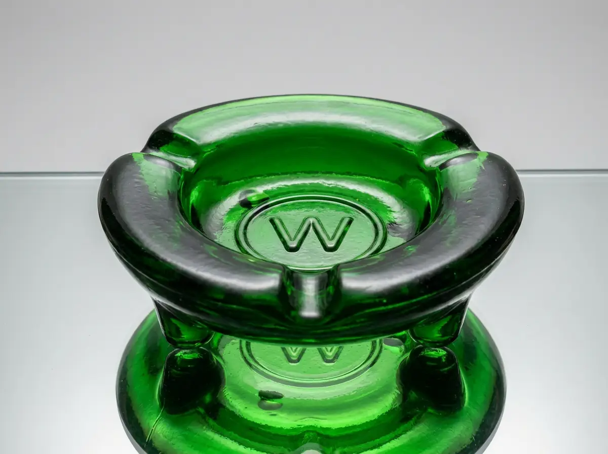 Grüner Glasaschenbecher mit eingeprägtem W-Logo in der Mitte auf spiegelndem Untergrund
