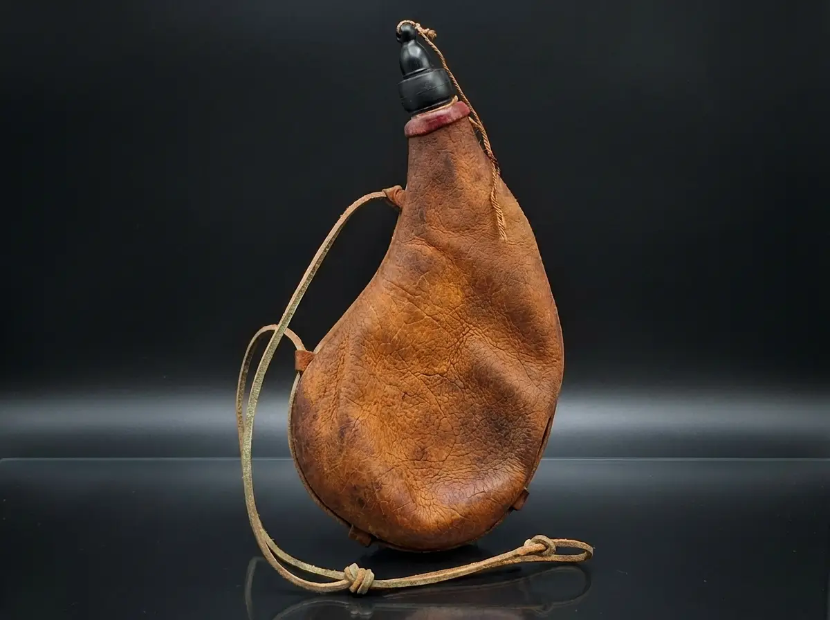 Alter Weinschlauch aus strukturiertem Leder mit Trageriemen und schwarzem Verschluss auf dunklem Untergrund