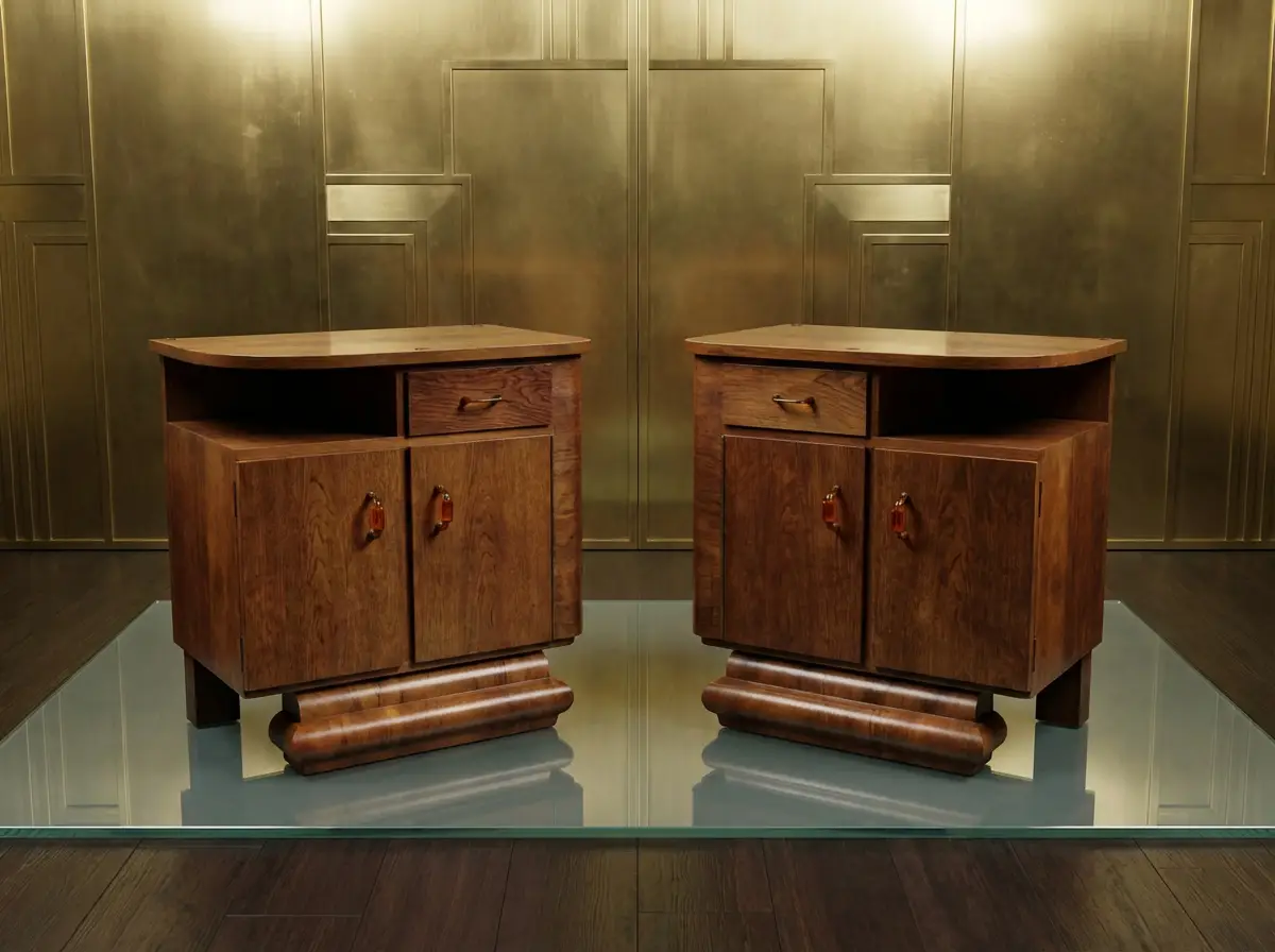 Zwei elegante Art Deco Nachttische aus dunklem Holz mit abgerundetem Sockel und messingfarbenen Griffen vor einer goldenen Wand.