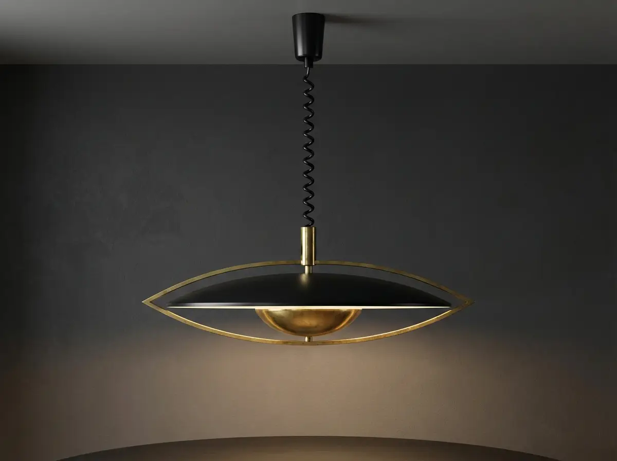 Space Age UFO Deckenleuchte Messing Schwarz Höhenverstellbar 70er 80er