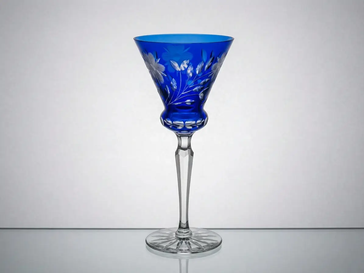 Elegantes blaues Kristallglas mit floralem Schliffdekor, klarem facettiertem Stiel und Sternschliff am Boden vor neutralem Hintergrund
