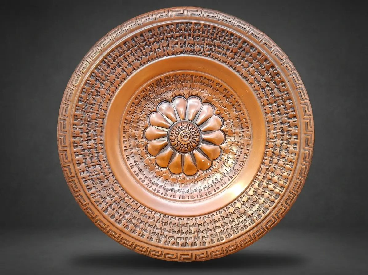 Runder Zierteller in Kupferoptik mit zentraler Blumen-Rosette, texturiertem Mittelteil und einem Rand mit griechischem Meander-Muster vor dunklem Hintergrund