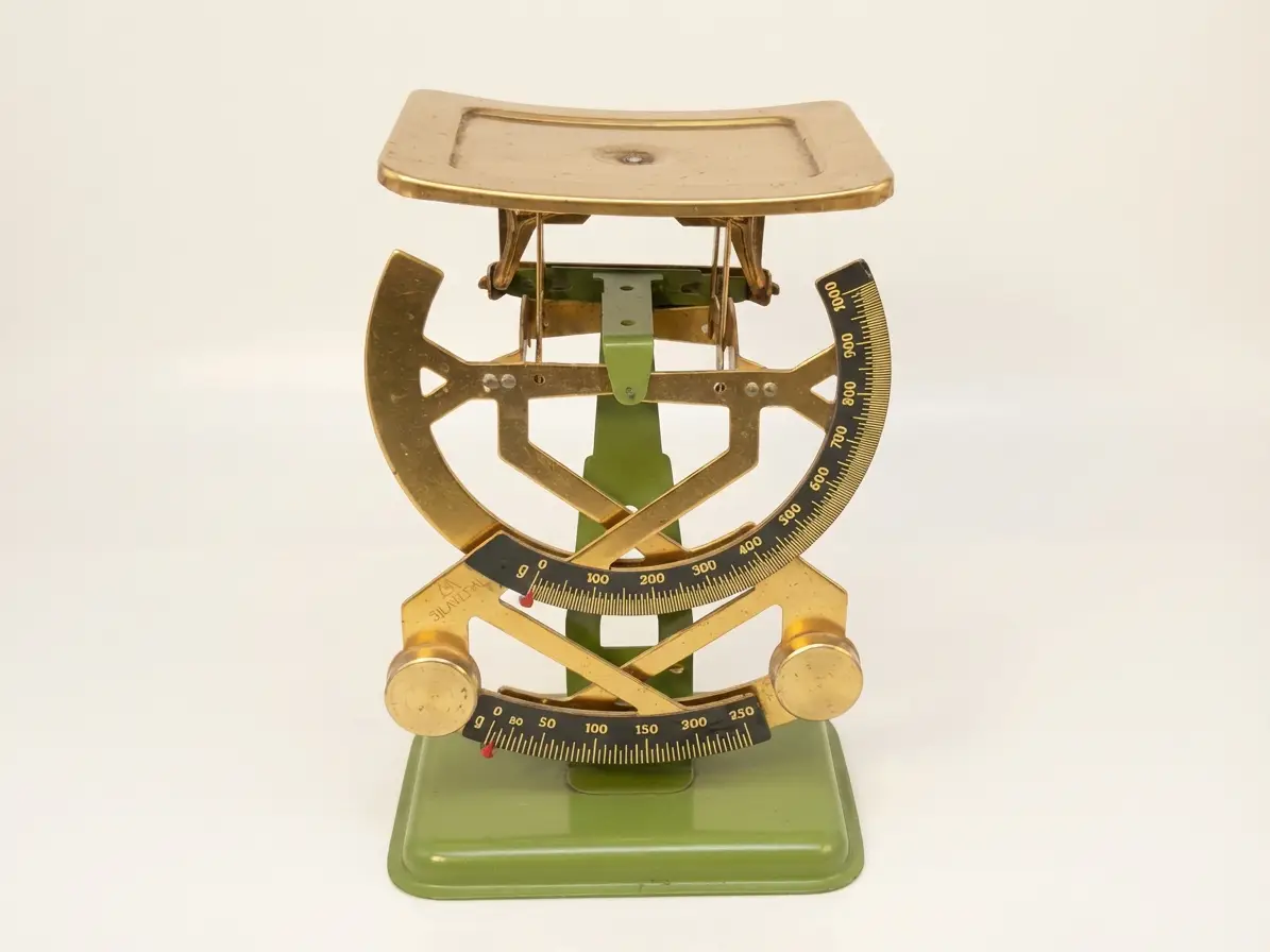 Eine antike, mechanische Briefwaage mit grünem Metallfuß, Messingmechanik und einer gebogenen Skala zur Gewichtsmessung in Gramm.