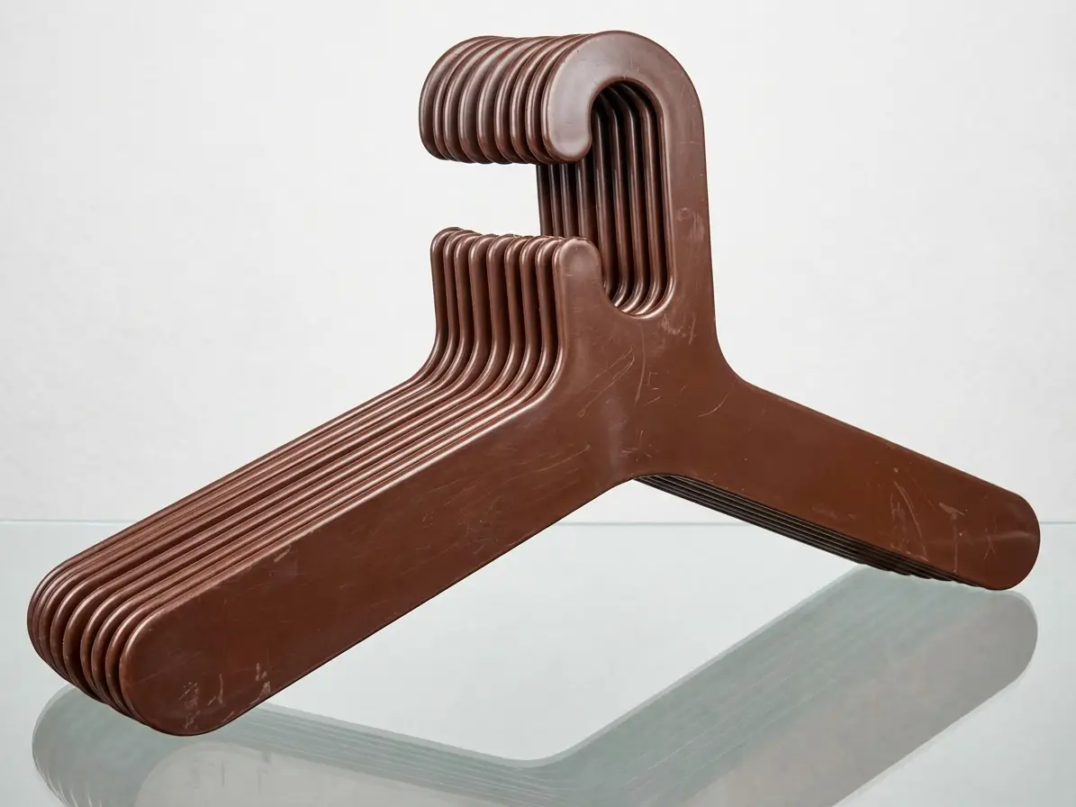 Mehrere braune Kleiderbügel aus Kunststoff, die ordentlich ineinander gestapelt auf einer spiegelnden Oberfläche liegen.