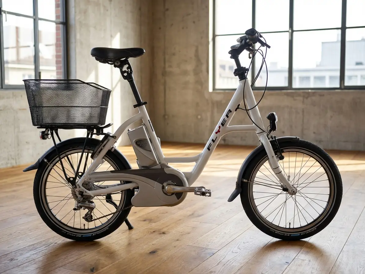 Ein weißes E-Bike der Marke Flyer mit tiefem Einstieg, Mittelmotor, Akku und einem schwarzen Fahrradkorb auf dem Gepäckträger, abgestellt in einem hellen Raum.