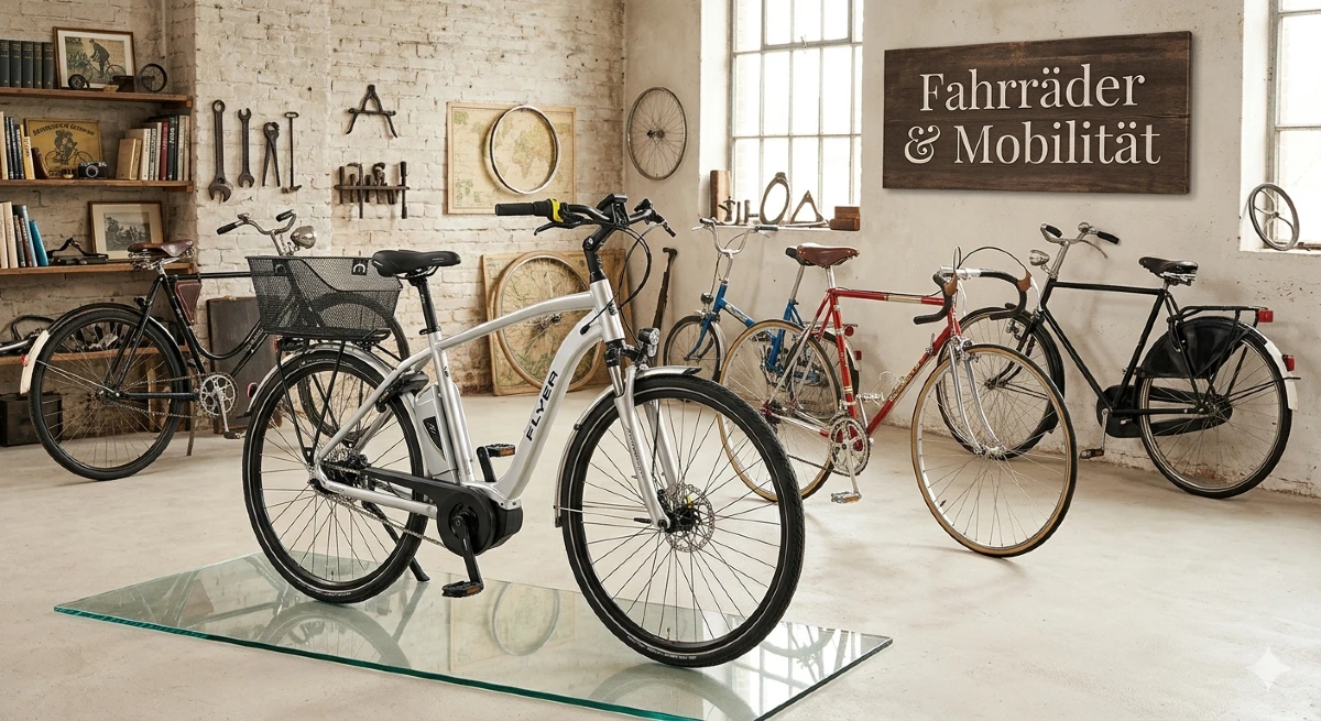 Ein silbernes Flyer E-Bike steht im Vordergrund einer im Vintage-Stil eingerichteten Fahrradwerkstatt mit verschiedenen klassischen Fahrrädern und einem Holzschild mit der Aufschrift Fahrräder & Mobilität.