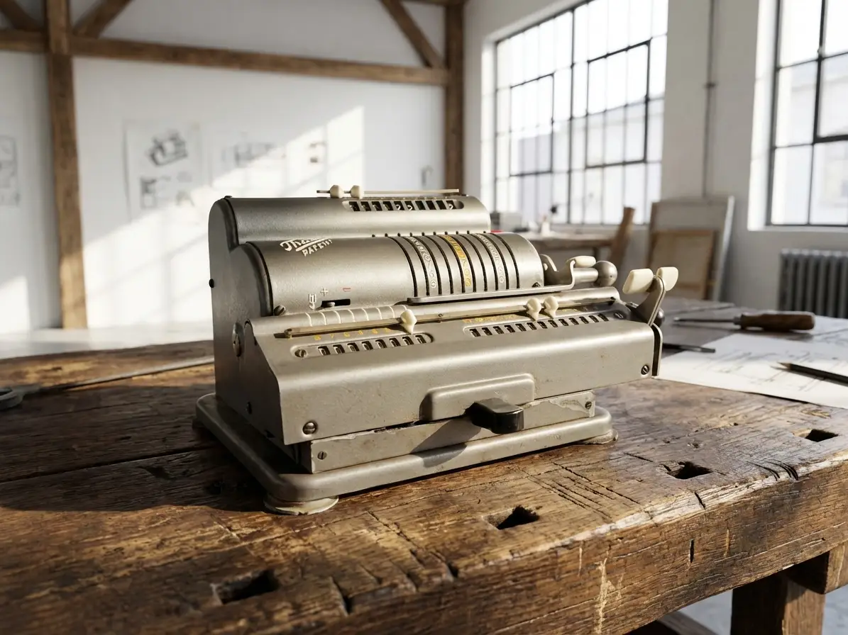 Eine historische mechanische Rechenmaschine steht auf einer alten, rustikalen Werkbank aus Holz in einem hellen Raum mit großen Fenstern.