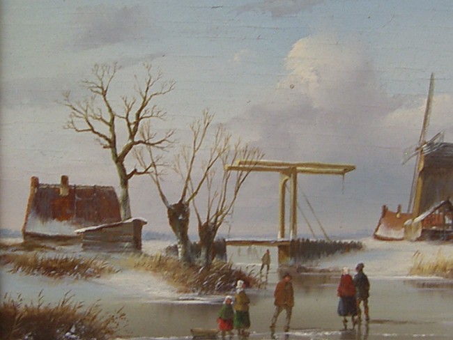Obraz Ölgemälde Jan Stork (XIX) "Winterszene am Kanal" 19.JH. Öl/Holzplatte